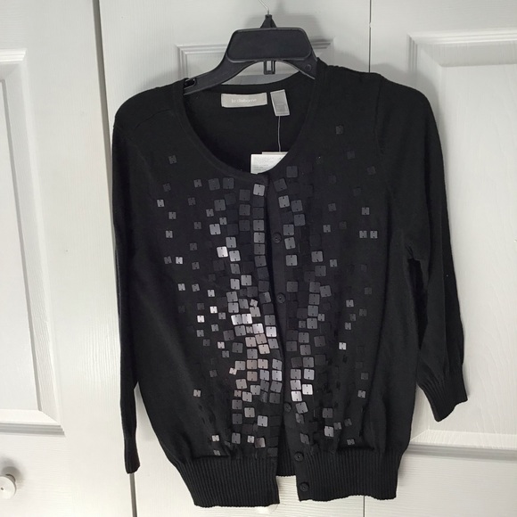 Vintage Liz Claiborne Black Cardigan With Silver Square sequence PL - Picture 1 of 10